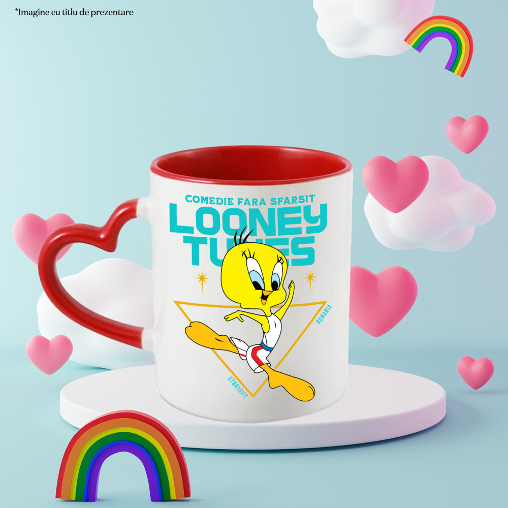 Cana Cu Looney Tunes energie si miscare Ceramica, 330ML, cu Maner Inima Rosie [3]