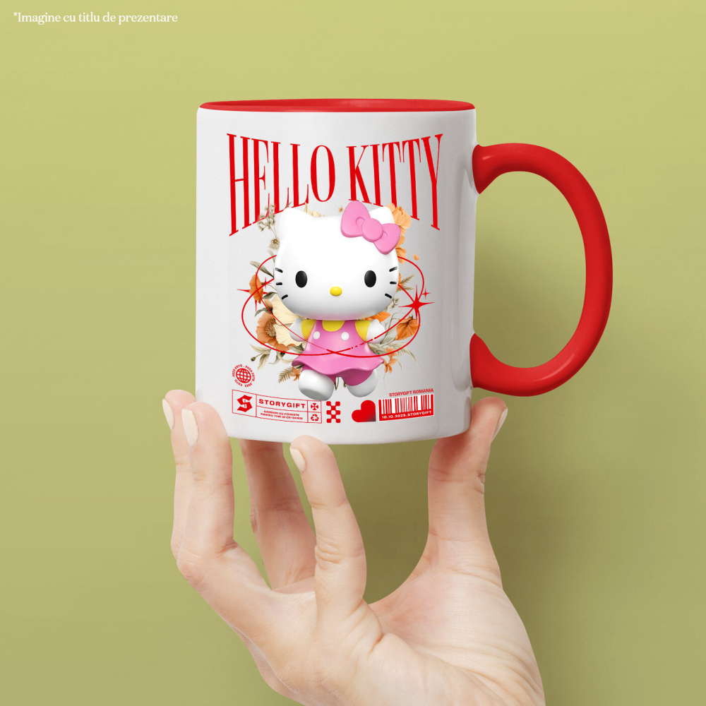 Cana Cu Magie și Flori cu Hello Kitty din Lumea Disney Ceramica, 330ML, cu Maner Rosu [2]