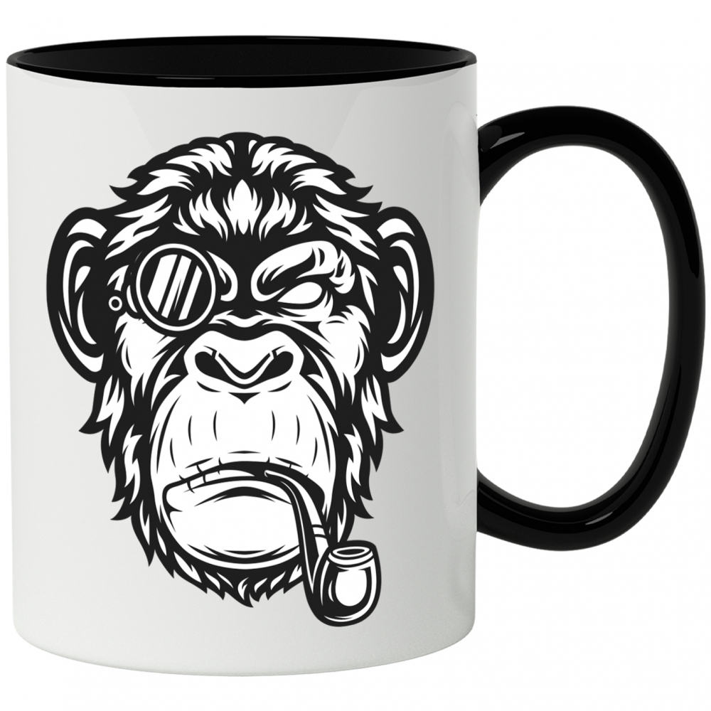 Cana Cu Maimuta, Pipa, Tutun, Monoclu, Portret, Alb Negru 330 ml, Ceramica cu Maner Negru [1]