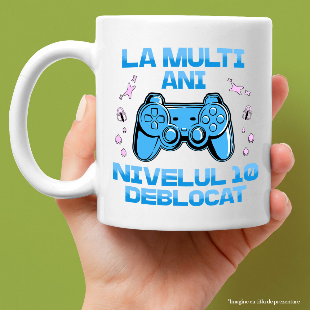 Cana cu Maneta Joc Video Lume Digitala Text La Multi Ani Nivelul 10 Deblocat , Ceramica, 330ML, cu Maner Alb [2]