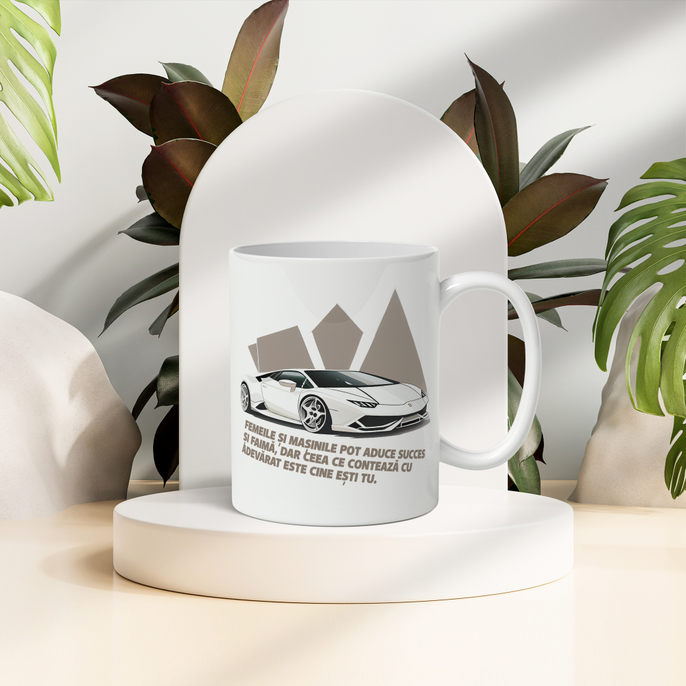 Cana Cu Masina Alba Sport De Curse, Mesaj Motivational Despre Incredere In Sine, Viteza, Motor Mare, Multicolor 330 ml, Maner Alb [4]