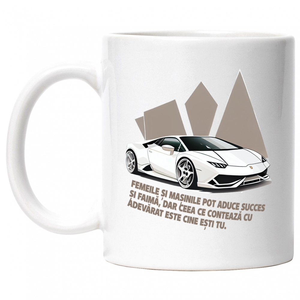Cana Cu Masina Alba Sport De Curse, Mesaj Motivational Despre Incredere In Sine, Viteza, Motor Mare, Multicolor 330 ml, Maner Alb [1]