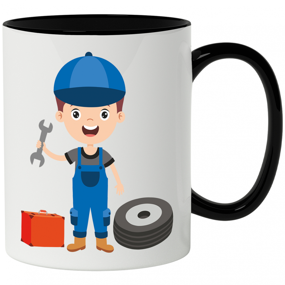 Cana Cu Mecanic Auto, Roata, Trusa, Unelte, Cheie, Salopeta, Multicolor 330 ml, Ceramica cu Maner Negru [1]