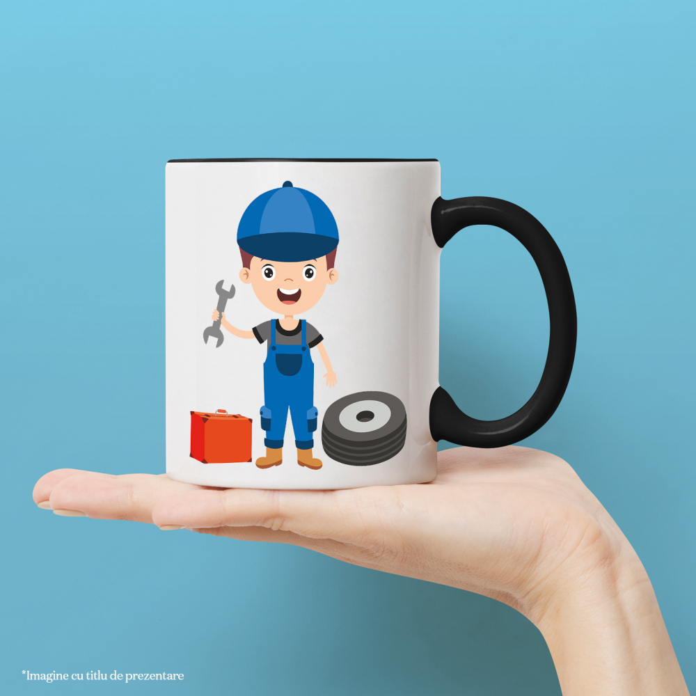 Cana Cu Mecanic Auto, Roata, Trusa, Unelte, Cheie, Salopeta, Multicolor 330 ml, Ceramica cu Maner Negru [3]