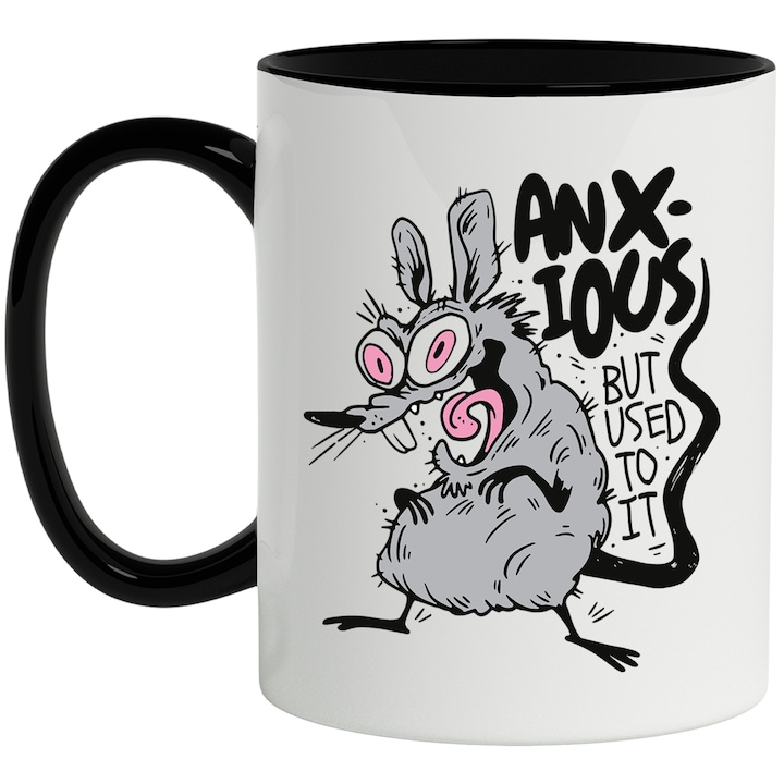 Cana Cu Mesaj In Engleza Anxious But Used To It, Soarece, Stres, Multicolor 330 ml, Ceramica cu Maner Negru [1]
