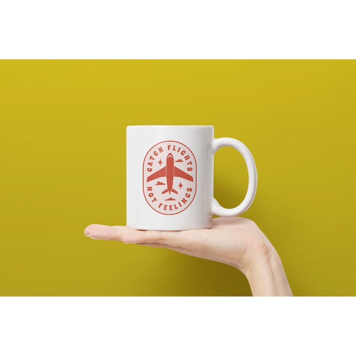 Cana Cu Mesaj In Engleza Catch Flights Not Feelings, Avion In zbor,  Travel, Vacanta, Portocaliu, 330 ml, Maner Alb [3]