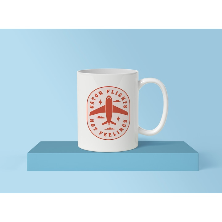 Cana Cu Mesaj In Engleza Catch Flights Not Feelings, Avion In zbor,  Travel, Vacanta, Portocaliu, 330 ml, Maner Alb [2]