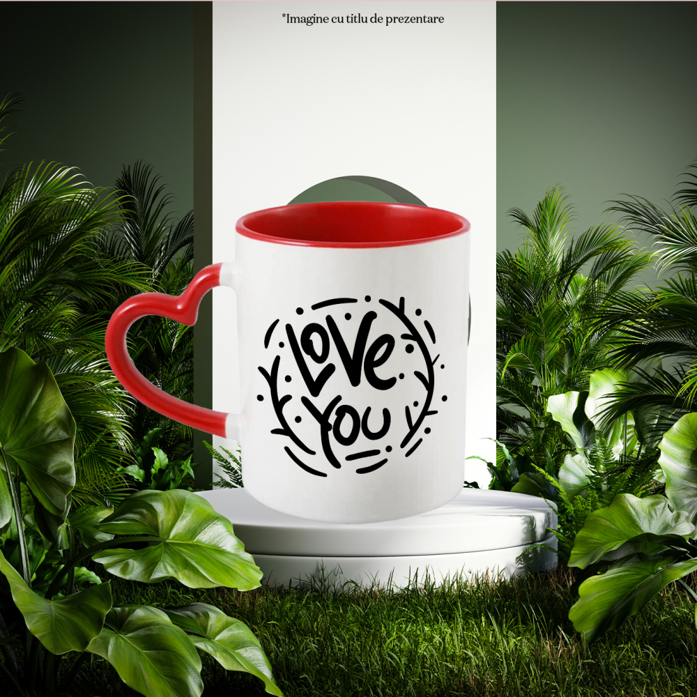 Cana Cu Mesaj In Engleza Love You, Te Iubesc, Cerc, Ramuri, Alb Negru 330 ml, Ceramica cu Maner Inima Rosie [4]