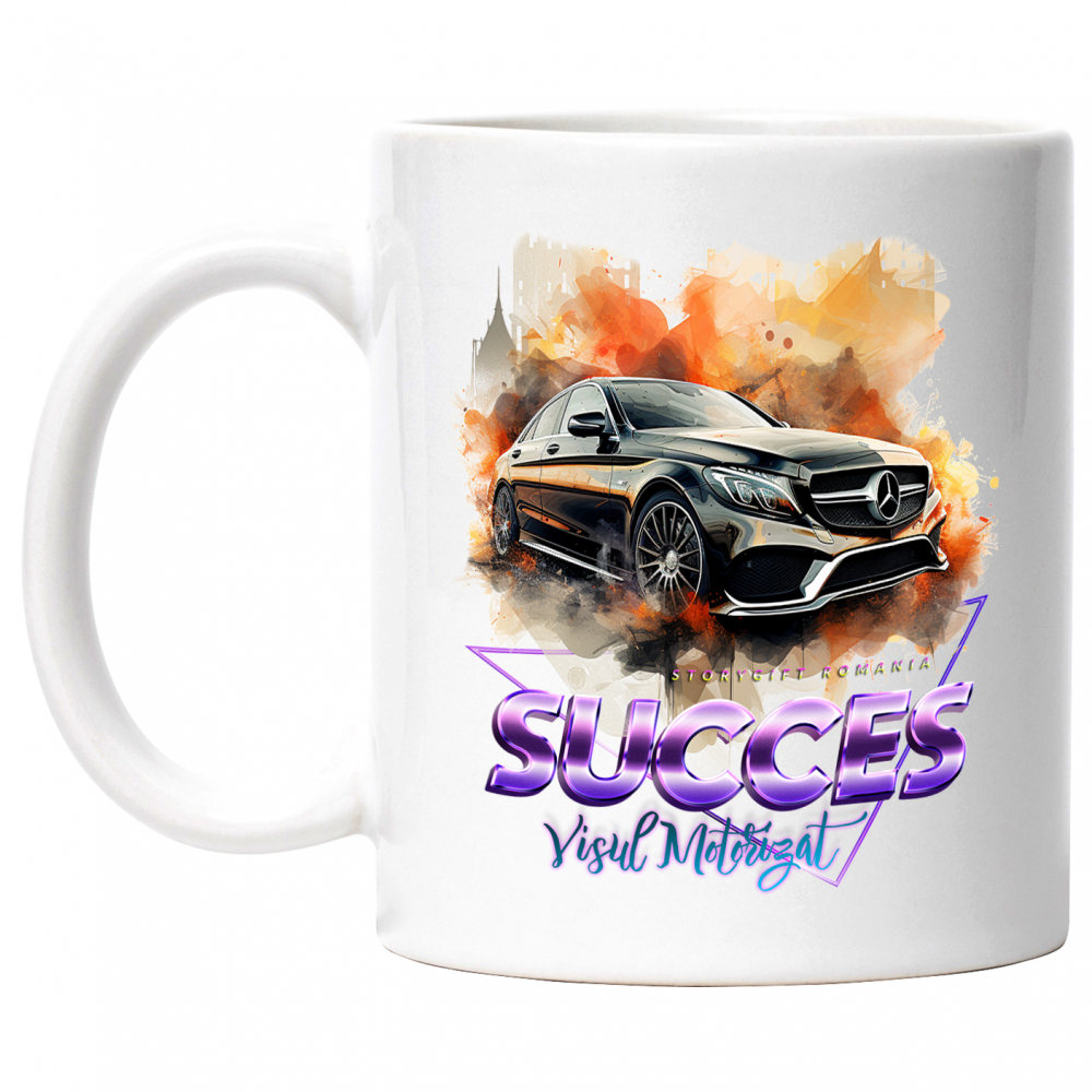Cana Cu Mesaj Succes Visul Motorizat, Masina, Triunghi, Mercedes, Multicolor 330 ml, Ceramica cu Maner Alb [1]