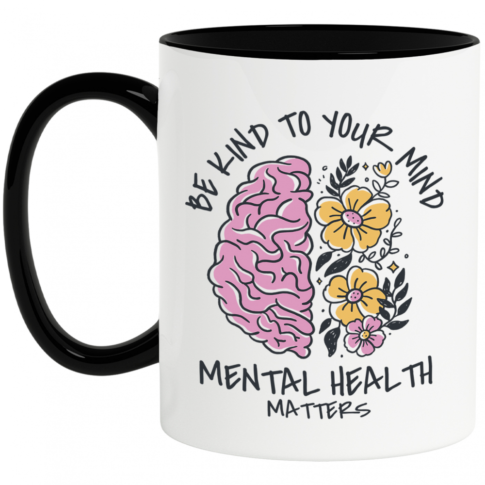 Cana Cu Mesajul Be Kind To Your Mind, Creier Langa Flori, Mental Health Matters, Love Yourself, Personalizat, 330 ml, Maner Negru [1]