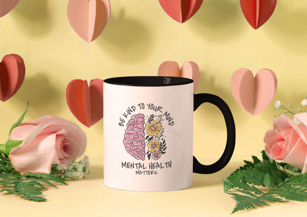 Cana Cu Mesajul Be Kind To Your Mind, Creier Langa Flori, Mental Health Matters, Love Yourself, Personalizat, 330 ml, Maner Negru [3]