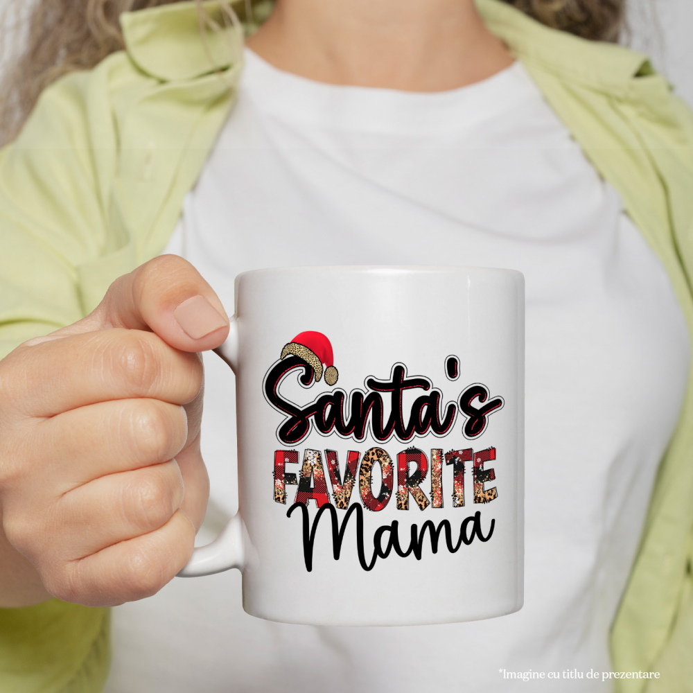 Cana cu mesajul "Santa's favorite mama", mama preferata a mosului, Craciun fericit, ilustratie, iarna, caciula cu Maner Alb [2]