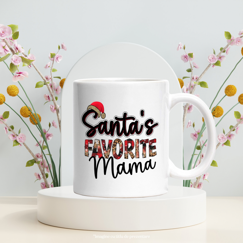 Cana cu mesajul "Santa's favorite mama", mama preferata a mosului, Craciun fericit, ilustratie, iarna, caciula cu Maner Alb [3]