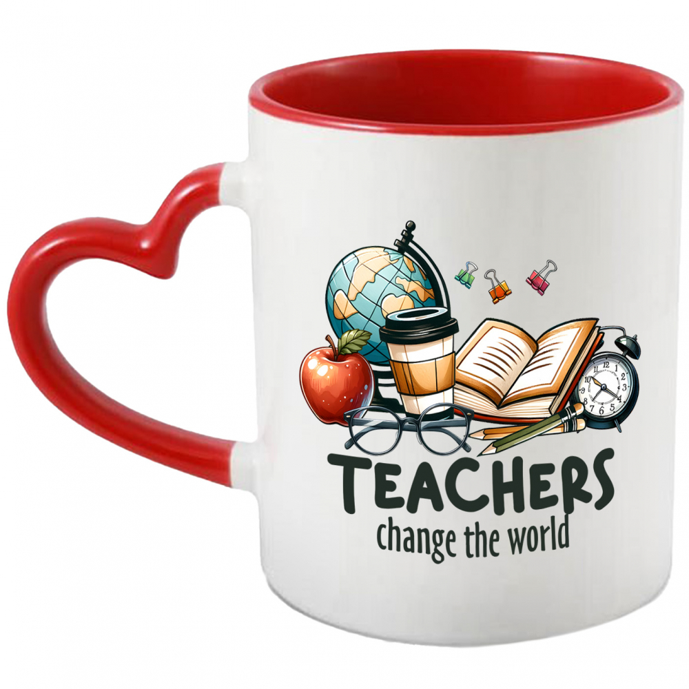 Cana cu mesajul "Teachers change the world", invatatorii schimba lumea, ilustratie, scoala, elevi, studenti, profesori, educatie, invatatura, carte  cu Maner Inima Rosie [1]