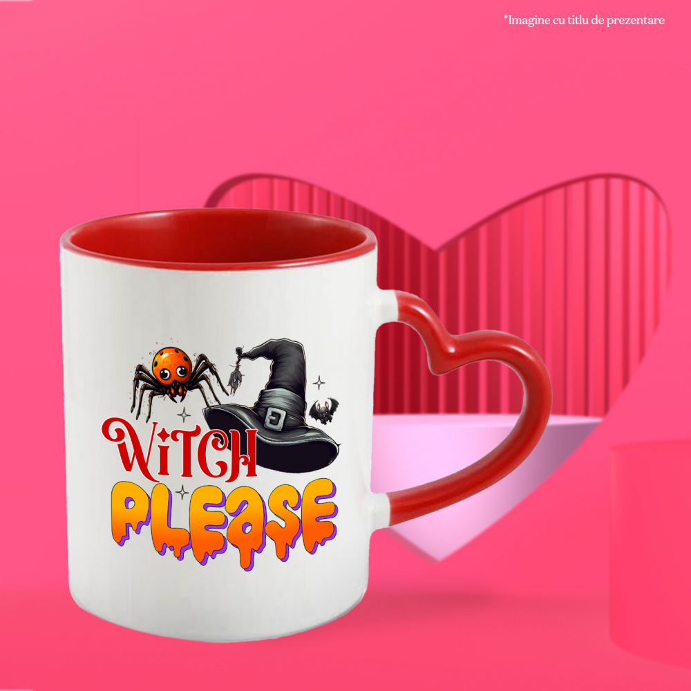 Cana cu mesajul "Witch, please", ilustratie, Halloween, sarbatoare, octombrie, paianjen, palarie de vrajitoare, lilieci cu Maner Inima Rosie [3]