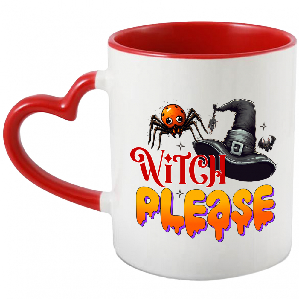 Cana cu mesajul "Witch, please", ilustratie, Halloween, sarbatoare, octombrie, paianjen, palarie de vrajitoare, lilieci cu Maner Inima Rosie [1]