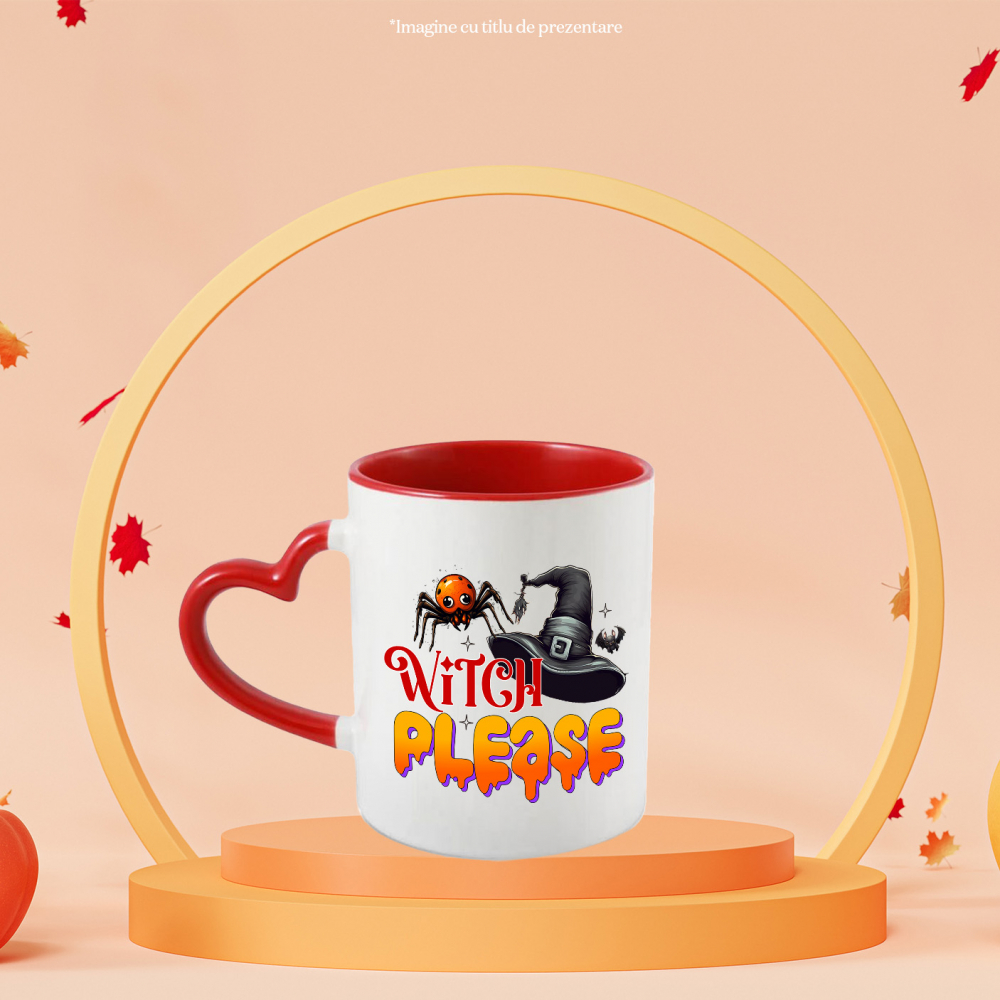 Cana cu mesajul "Witch, please", ilustratie, Halloween, sarbatoare, octombrie, paianjen, palarie de vrajitoare, lilieci cu Maner Inima Rosie [2]