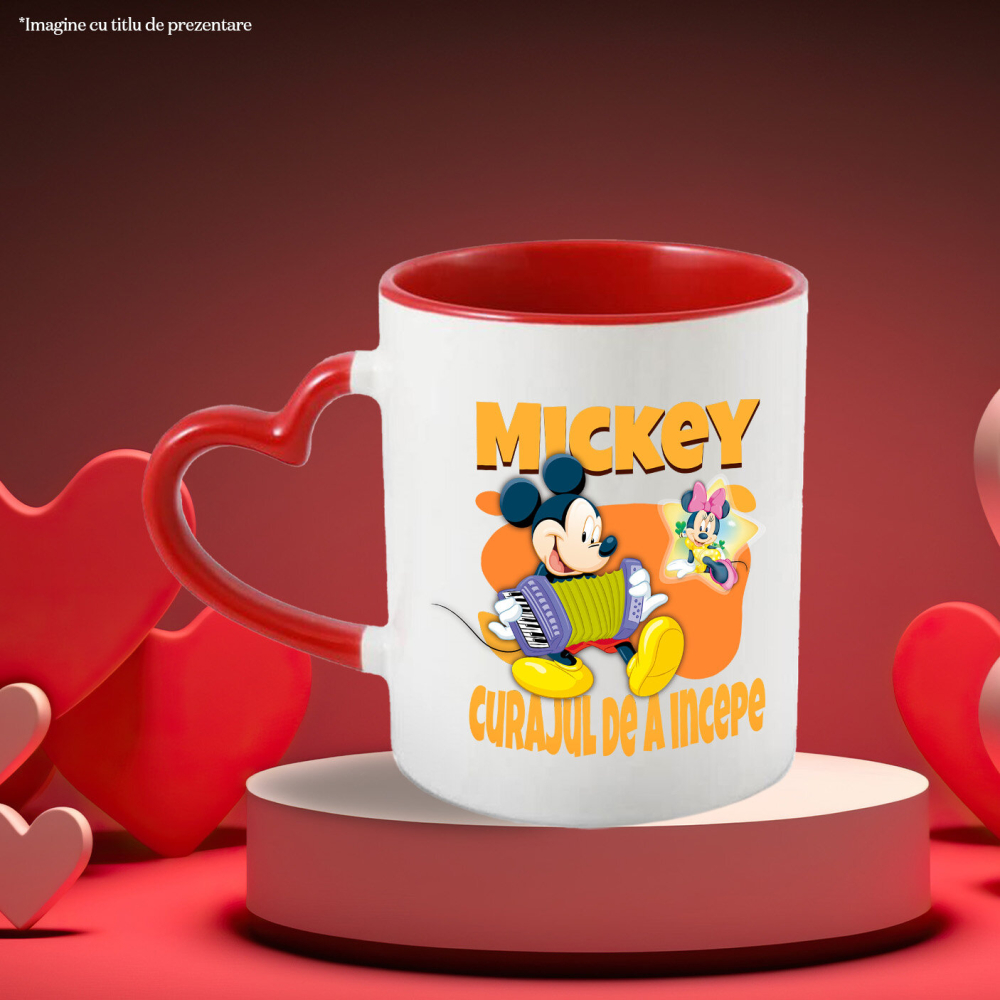 Cana Cu Mickey, maestrul acordeonului Ceramica, 330ML, cu Maner Inima Rosie [3]