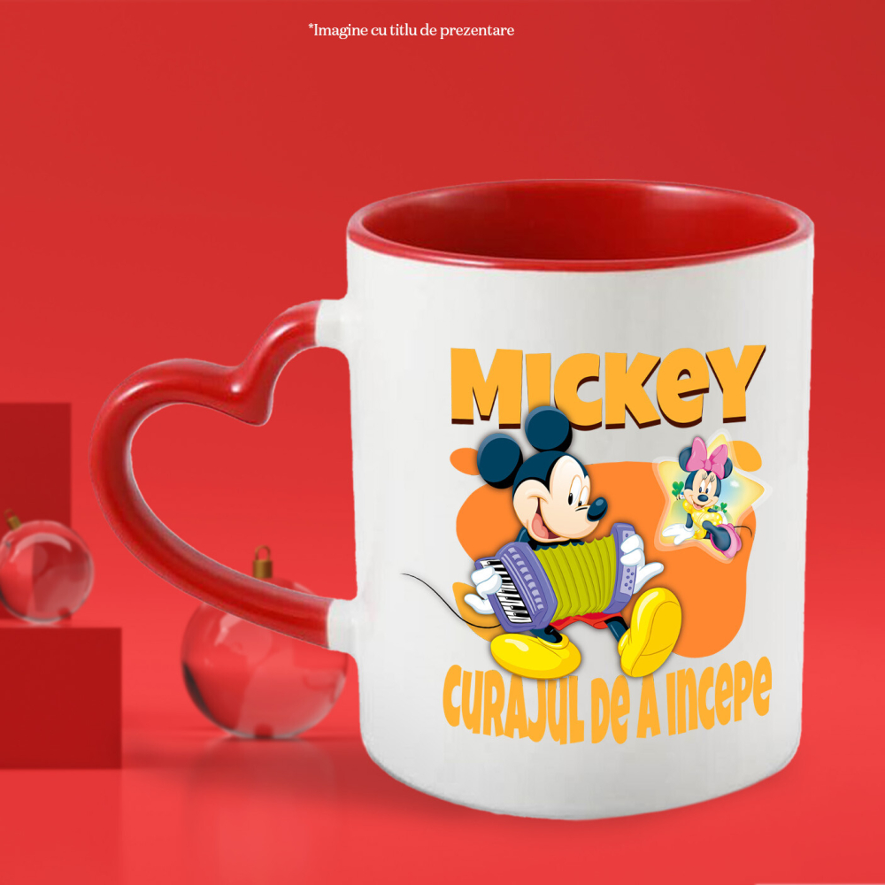 Cana Cu Mickey, maestrul acordeonului Ceramica, 330ML, cu Maner Inima Rosie [2]