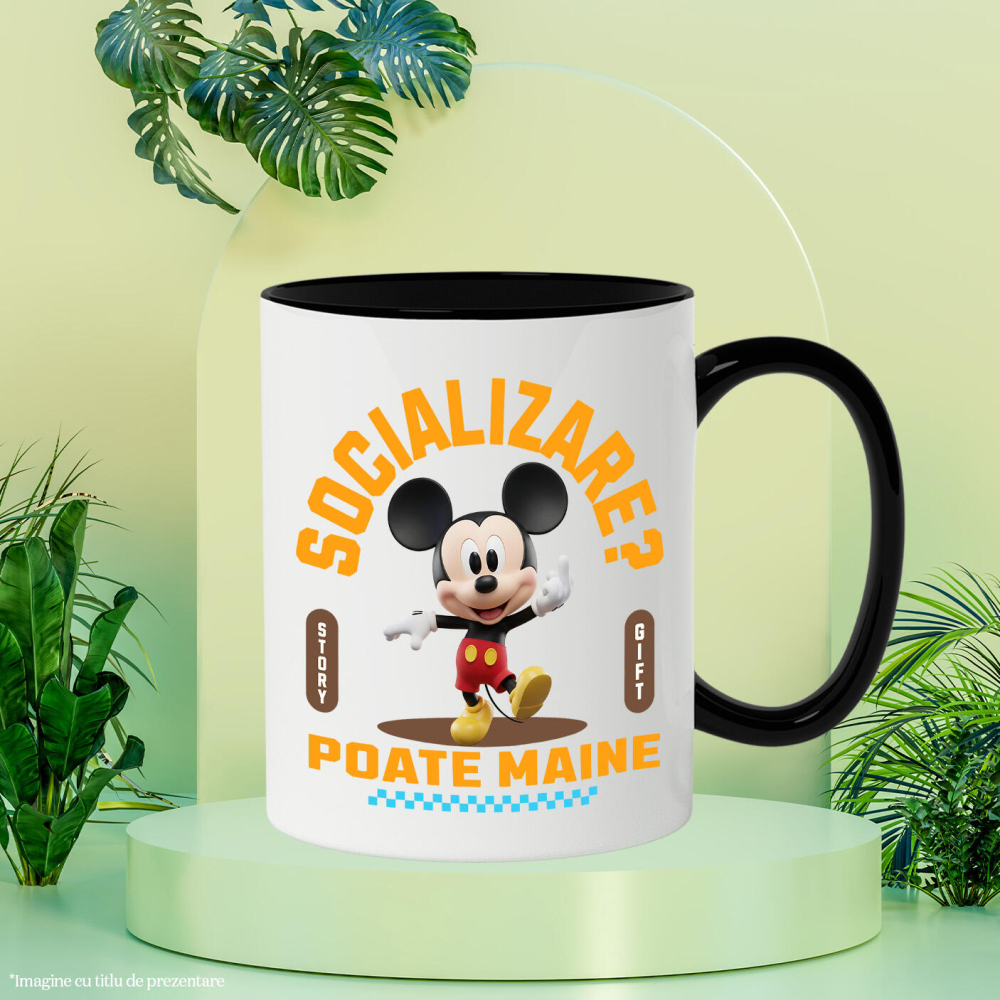 Cana Cu Mickey Mouse , Degetul Mijlociu, Socializare? Poate maine, Anti-social Ceramica, 330ML, cu Maner Negru [3]