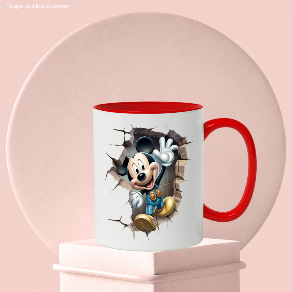 Cana Cu Mickey Mouse, Personaj, Disney, Zid, Iubitori De Desene Animate, Multicolor 330 ml, Ceramica cu Maner Rosu [2]
