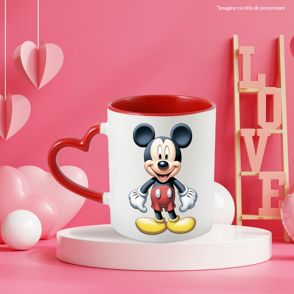 Cana Cu Mickey Mouse Vesel, Disney, Desene Animate, Copii, Disneyland,Ceramica, 330ml, cu Maner Inima Rosie [3]