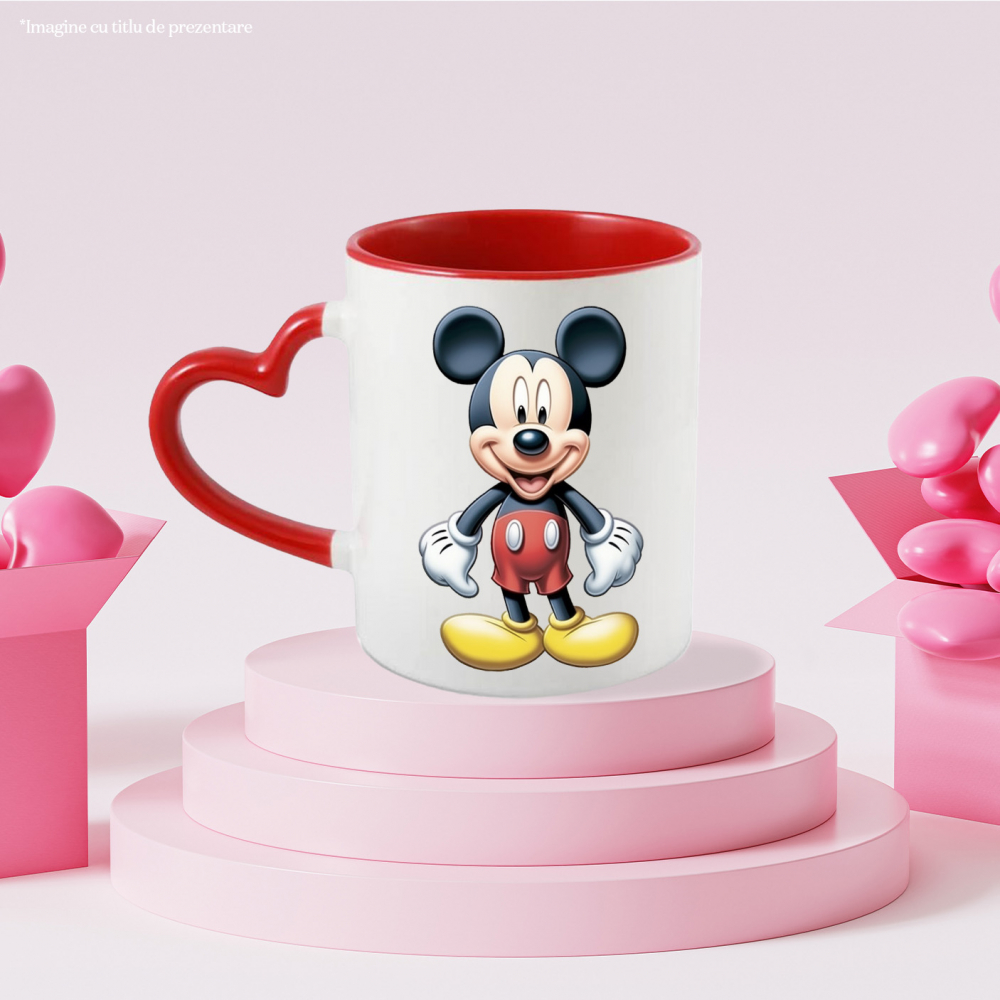 Cana Cu Mickey Mouse Vesel, Disney, Desene Animate, Copii, Disneyland,Ceramica, 330ml, cu Maner Inima Rosie [2]