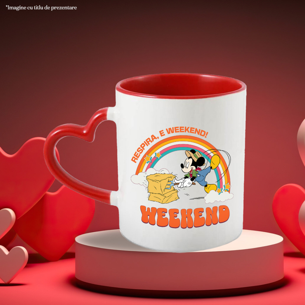 Cana Cu Mickey se joaca si munceste la ferma Ceramica, 330ML, cu Maner Inima Rosie [3]