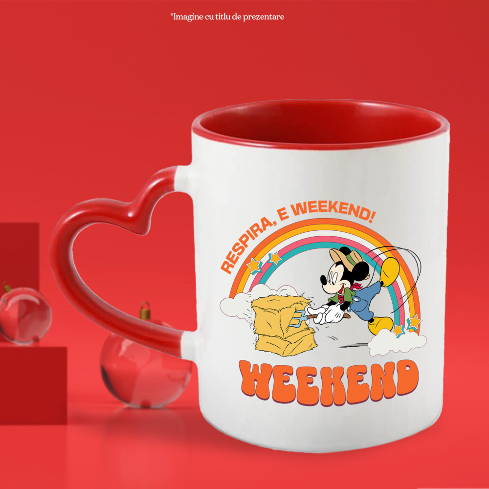 Cana Cu Mickey se joaca si munceste la ferma Ceramica, 330ML, cu Maner Inima Rosie [2]