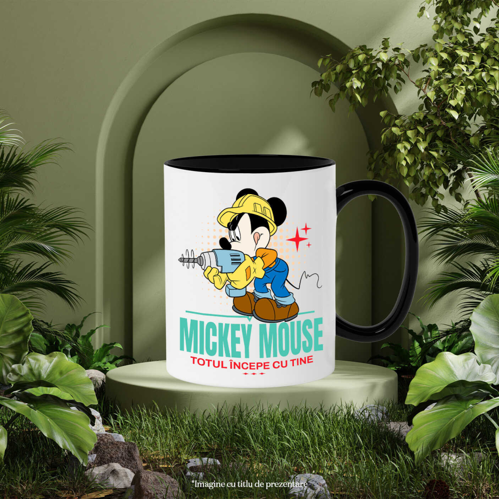 Cana Cu Mickey si aventura cu bormasina Ceramica, 330ML, cu Maner Negru [3]