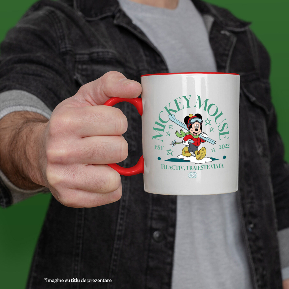 Cana Cu Mickey si Aventura de Iarna Ceramica, 330ML, cu Maner Rosu [2]