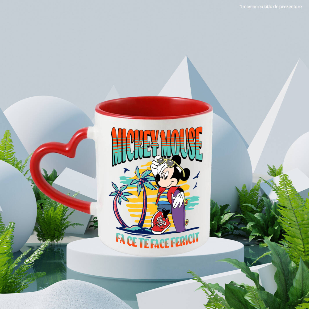 Cana Cu Mickey si skateboardul Ceramica, 330ML, cu Maner Inima Rosie [2]