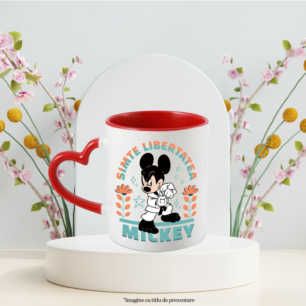 Cana Cu Mickey si tehnicile karate Ceramica, 330ML, cu Maner Inima Rosie [3]