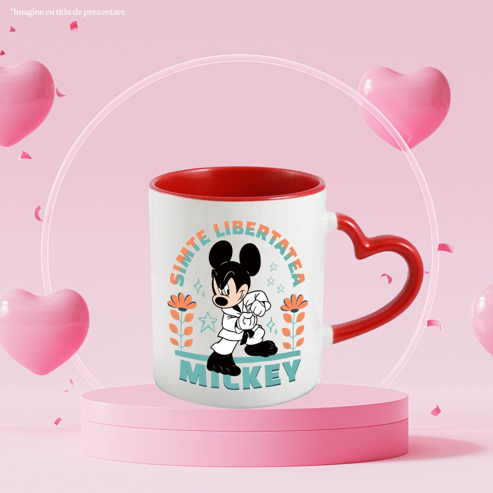 Cana Cu Mickey si tehnicile karate Ceramica, 330ML, cu Maner Inima Rosie [2]