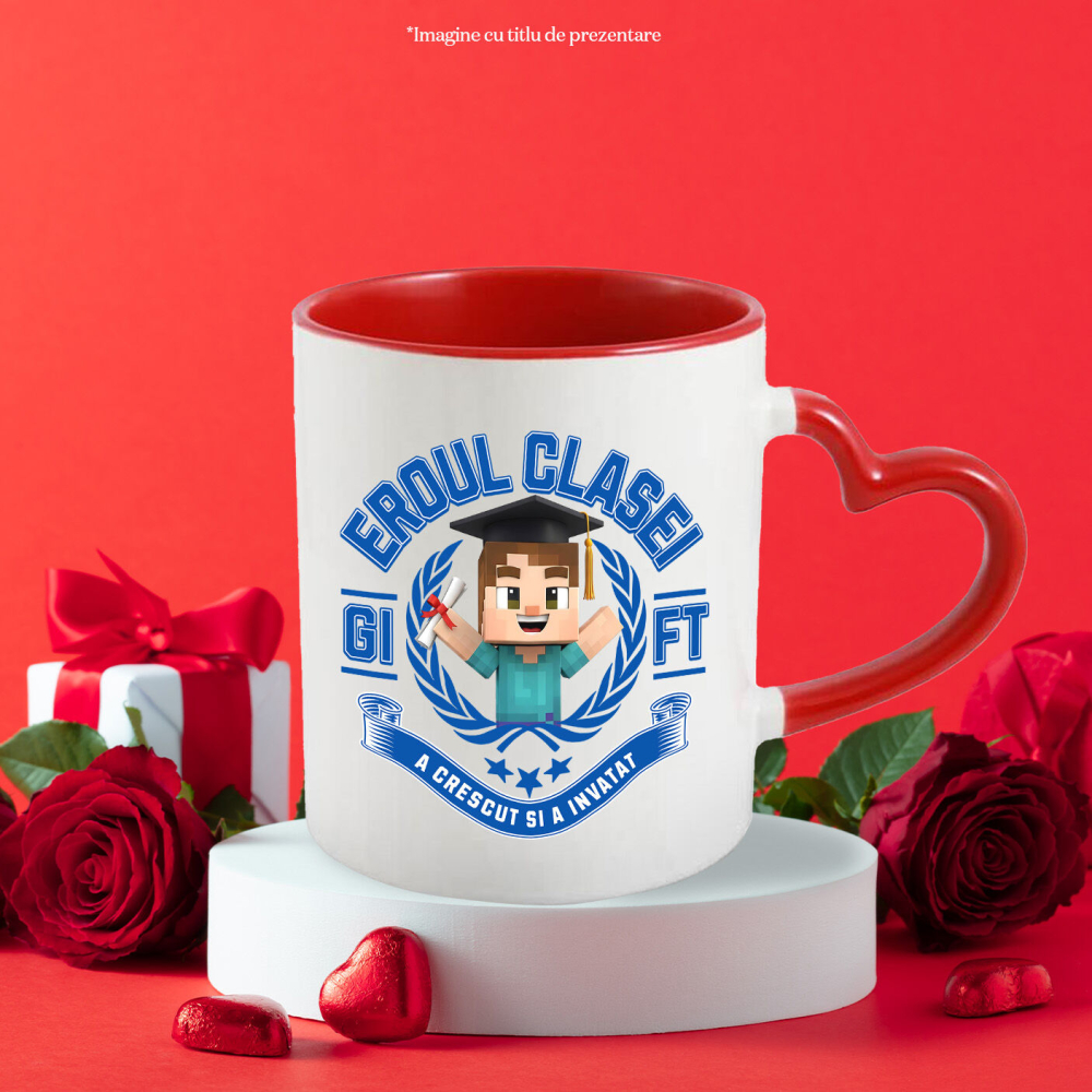 Cana Cu Minecraft - Eroul Care Alege Calea Blocurilor Ceramica, 330ML, cu Maner Inima Rosie [3]