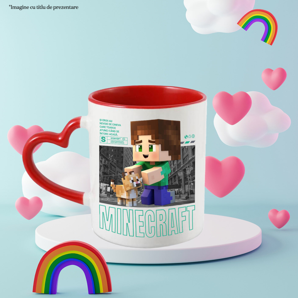 Cana Cu Minecraft si Pisicuta – Echipa de Constructie Ceramica, 330ML, cu Maner Inima Rosie [3]