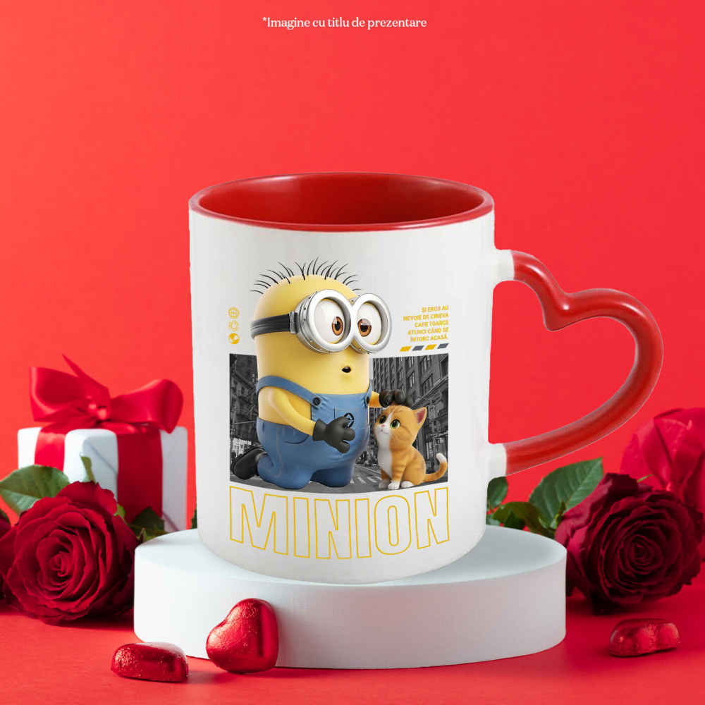 Cana Cu Minions si Pisicuta – Distractie si Actiune Ceramica, 330ML, cu Maner Inima Rosie [3]