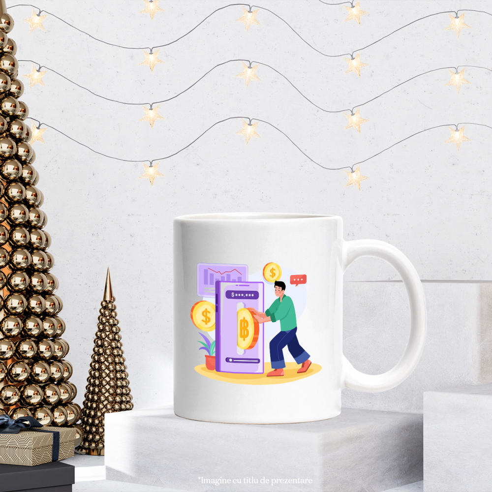 Cana Cu Moneda, Telefon, Finante, Multicolor 330 ml, Ceramica cu Maner Alb [2]