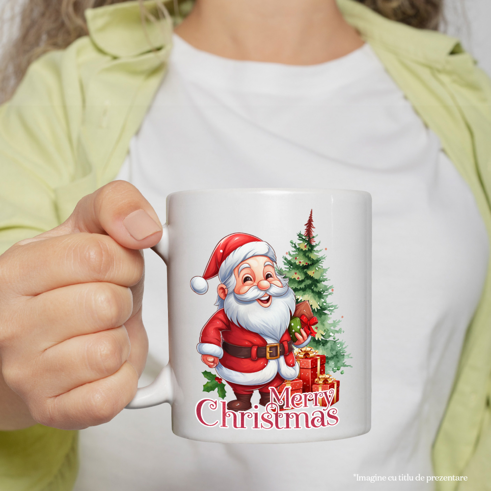 Cana cu Mos Craciun aducand cadouri cu mesajul "Merry Christmas", Craciun fericit, ilustratie, iarna, brad, daruri cu Maner Alb [2]
