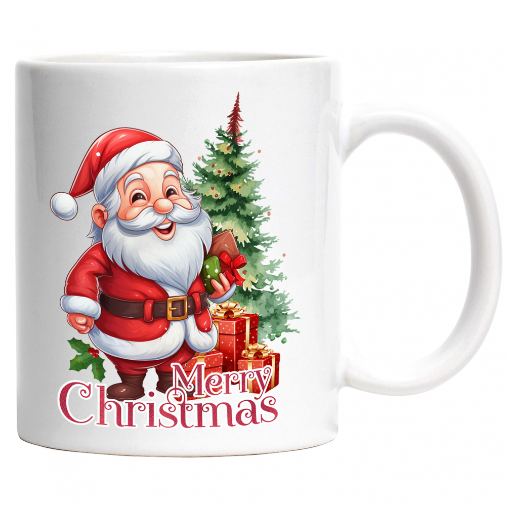 Cana cu Mos Craciun aducand cadouri cu mesajul "Merry Christmas", Craciun fericit, ilustratie, iarna, brad, daruri cu Maner Alb [1]