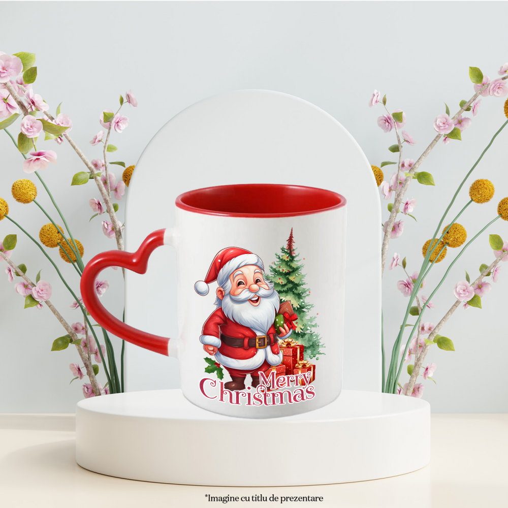 Cana cu Mos Craciun aducand cadouri cu mesajul "Merry Christmas", Craciun fericit, ilustratie, iarna, brad, daruri cu Maner Inima Rosie [3]