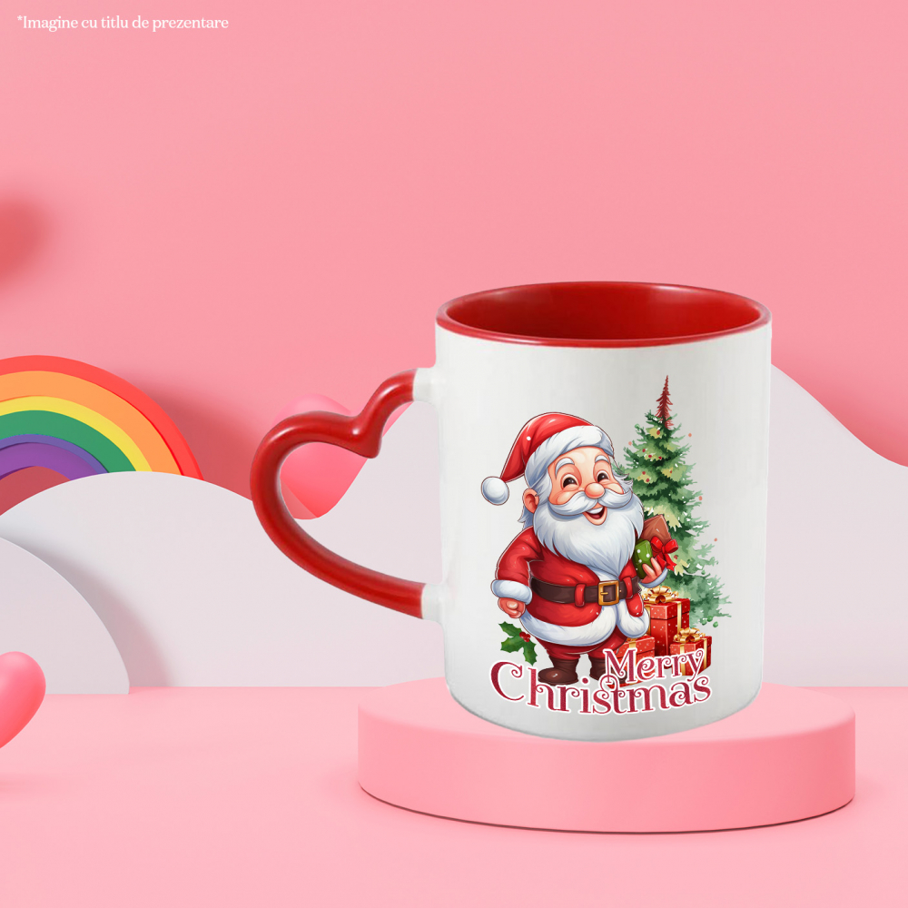 Cana cu Mos Craciun aducand cadouri cu mesajul "Merry Christmas", Craciun fericit, ilustratie, iarna, brad, daruri cu Maner Inima Rosie [2]