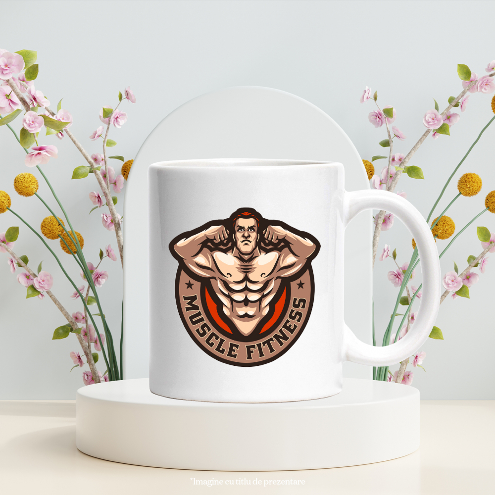 Cana Cu Muscle Fitness, Emblema, Muschi, Barbat, Stele, Gym, Multicolor 330 ml, Ceramica cu Maner Alb [2]