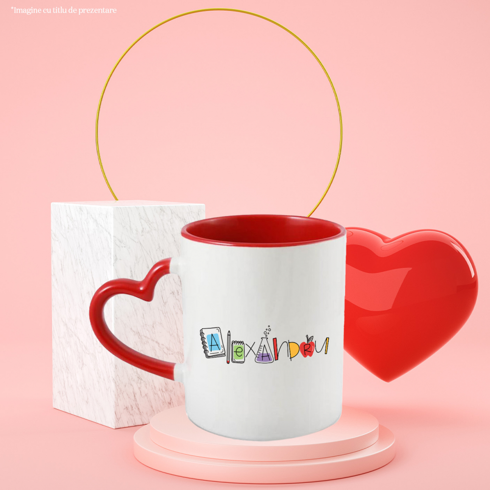 Cana Cu Numele Alexandru, si Mesaj Amuzant, Curios, Sociabil, Galagio, 330ml, Ceramica cu Maner Inima Rosie [2]