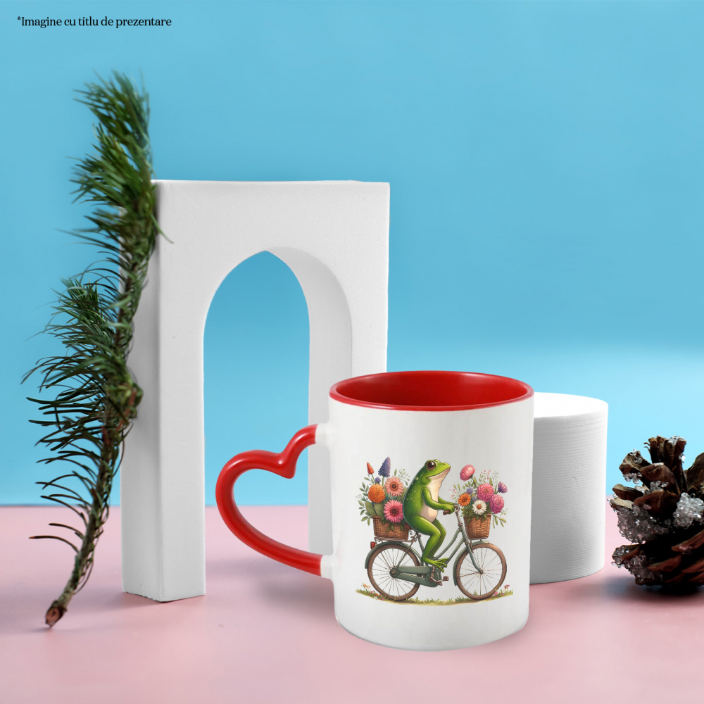 Cana cu o broasca | ilustratie | merge cu bicicleta | plimbare | cosulete cu flori | natura | cadouri pentru iubita | 330ml | Ceramica cu Maner Inima Rosie [2]