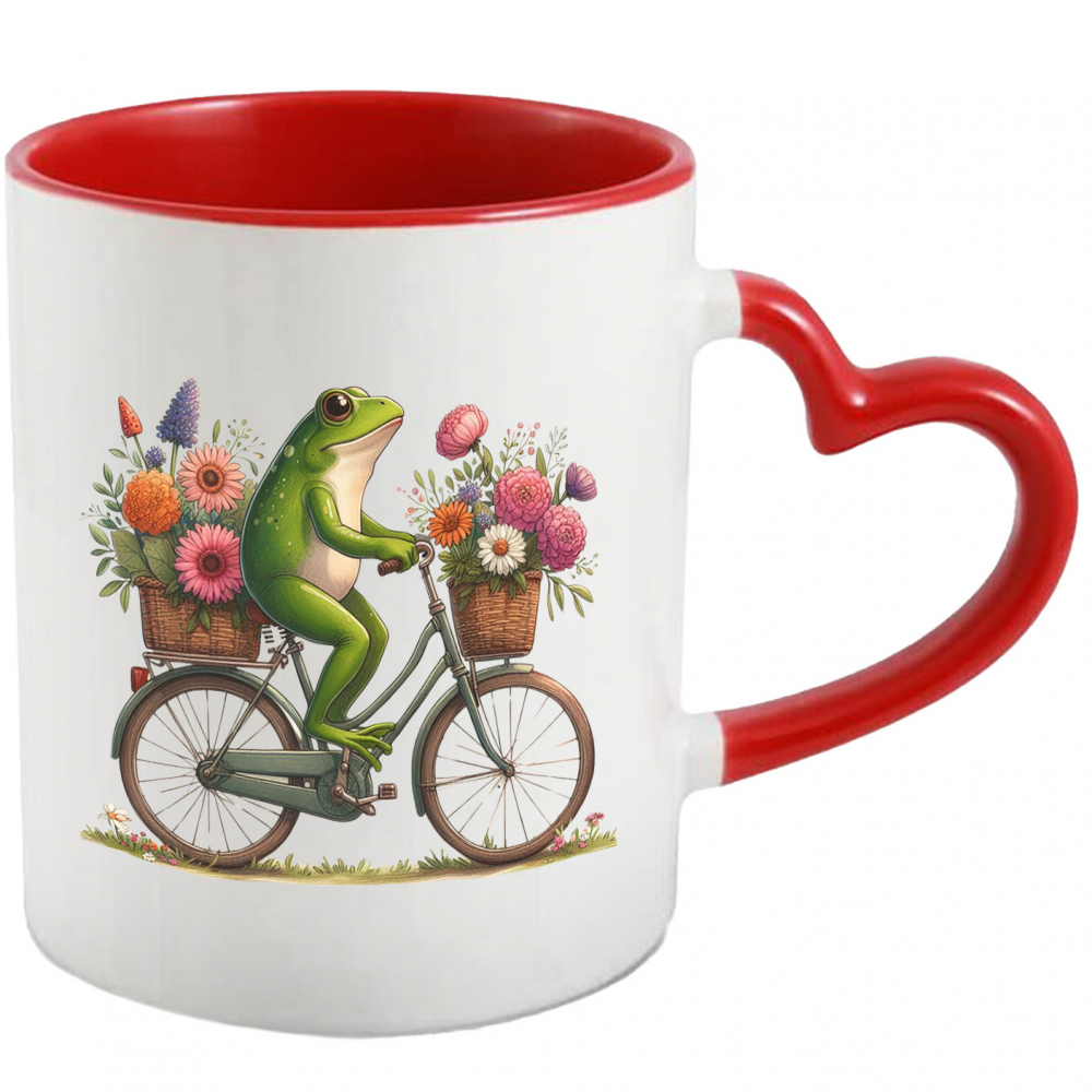 Cana cu o broasca | ilustratie | merge cu bicicleta | plimbare | cosulete cu flori | natura | cadouri pentru iubita | 330ml | Ceramica cu Maner Inima Rosie [1]