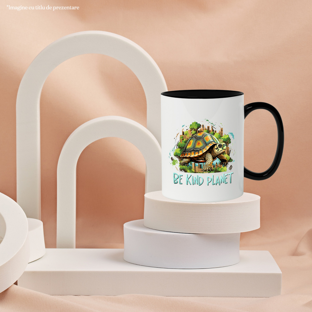 Cana cu o broasca testoasa cu mesajul "Be kind, planet", ilustratie, constientizare, protejare, siguranta, ocrotire, orase, natura cu Maner Negru [3]