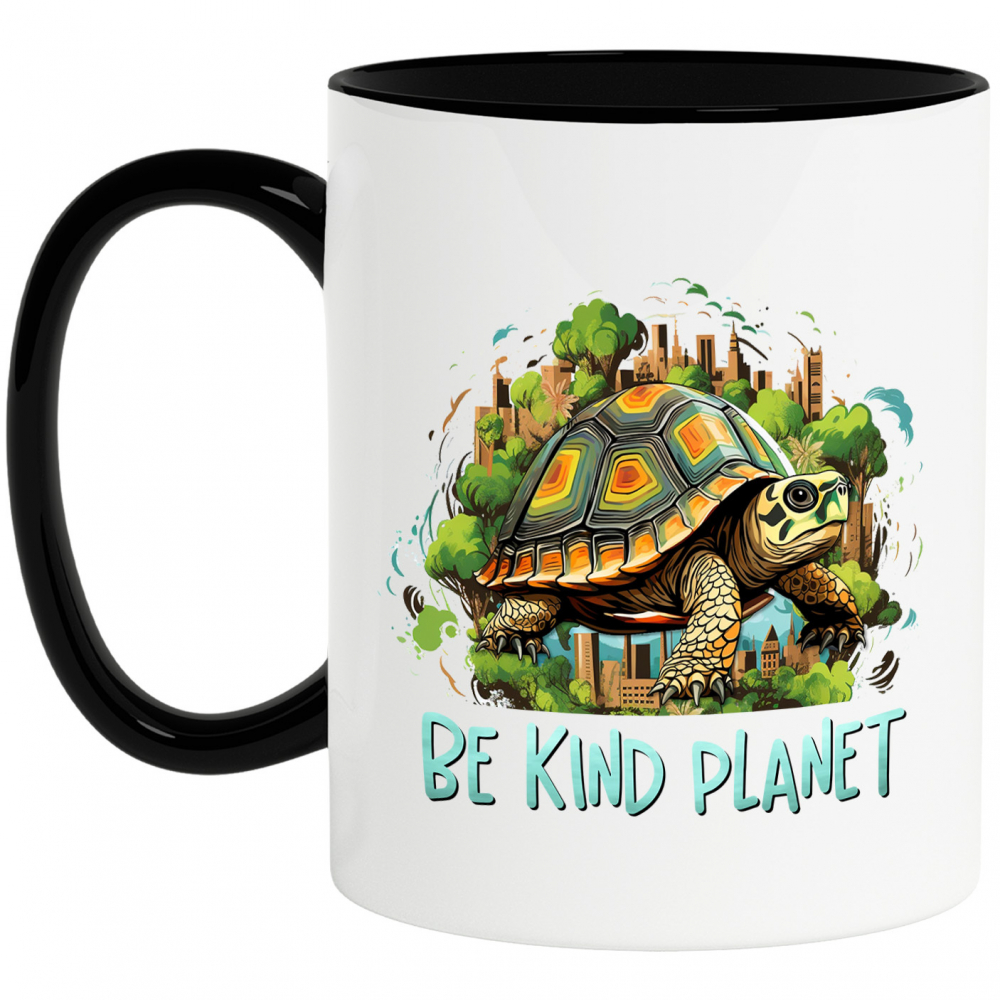 Cana cu o broasca testoasa cu mesajul "Be kind, planet", ilustratie, constientizare, protejare, siguranta, ocrotire, orase, natura cu Maner Negru [1]