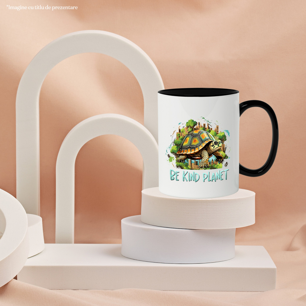 Cana cu o broasca testoasa cu mesajul "Be kind, planet", ilustratie, constientizare, protejare, siguranta, ocrotire, orase, natura cu Maner Negru [3]