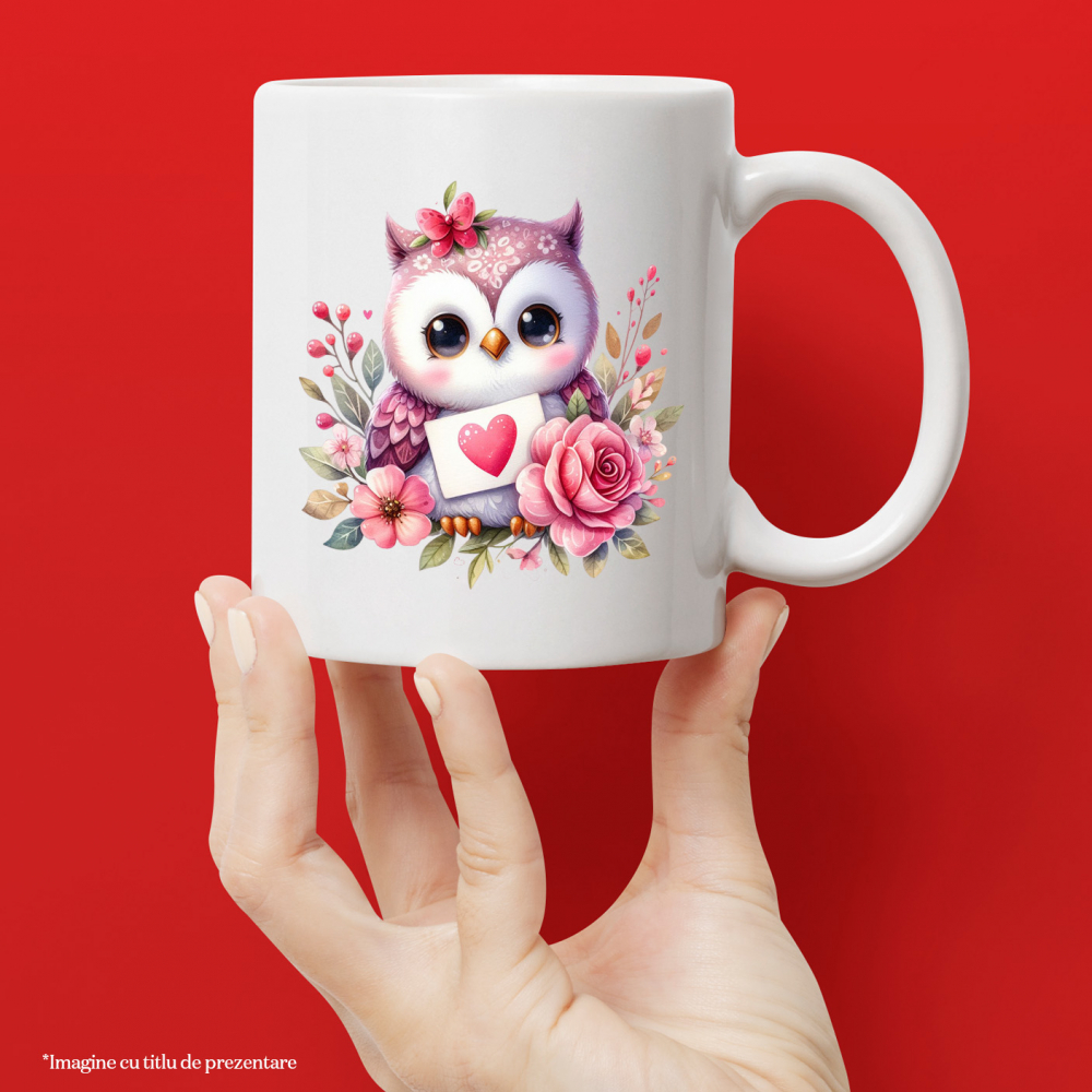 Cana cu o bufnita dragalasa, ilustratie, inima, floricele, imbujorata, emotie, iubire cu Maner Alb [2]